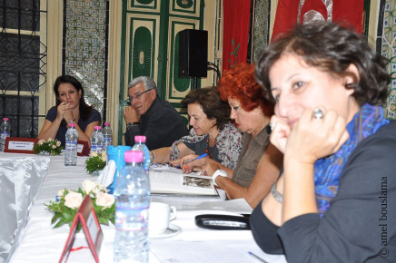 Nadira Laggoune, Dora Bouzid, Rachida Triki, Farid Zahi and Hamid Mahjoub (L to R), Maghreb Seminar, 8th and 9th October 2011 Art and Memory: The Case for Plastic Arts in the Maghreb Kamel Lazar Foundation, Dar El Medina, Tunis.