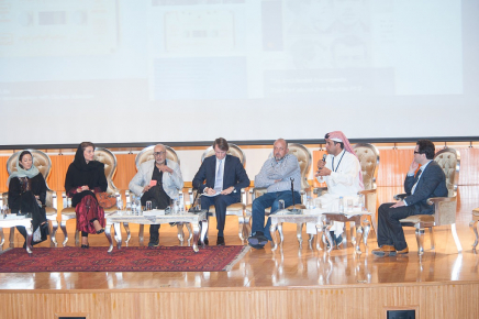 Global Contemporary Art and Its Networks, Dar Al Hekma University, (left to right) Dalya Islam (Madder-Red), Lila Ben Saleh (Galerie El Marsa), Faisal Samra (artist), Edward Gibbs (Sotheby's), Khaled Samawi (Ayyam gallery).