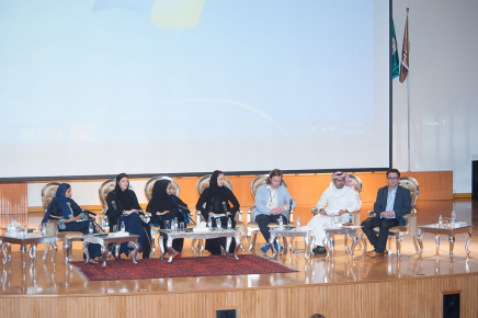 Global Contemporary Art and Its Networks, Dar Al Hekma University, (left to right) Ahd Kamel (actress/director), Antonia Carver (art dubai), Alaa Edris (FACT, NYU),Judith Greer (Sharjah Art Found), Stephen Stapleton (EoA), Ahmed Mater (artist).